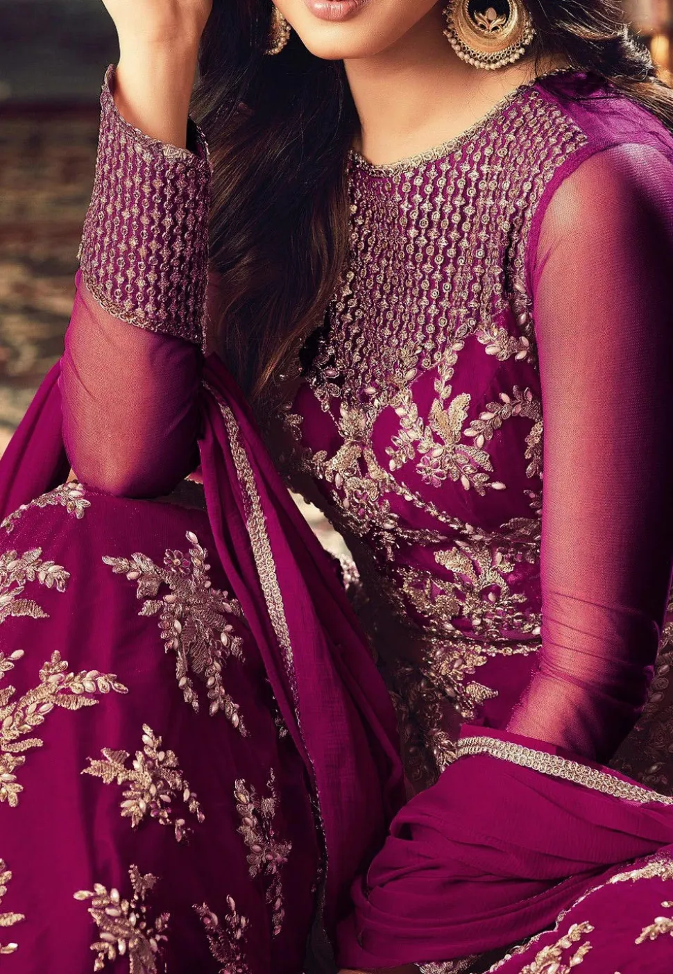 Embroidered Net Abaya Style Suit in Magenta