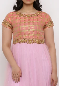 Embroidered Net Abaya Style Suit in Pink and Peach