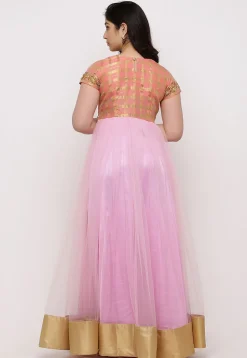 Embroidered Net Abaya Style Suit in Pink and Peach