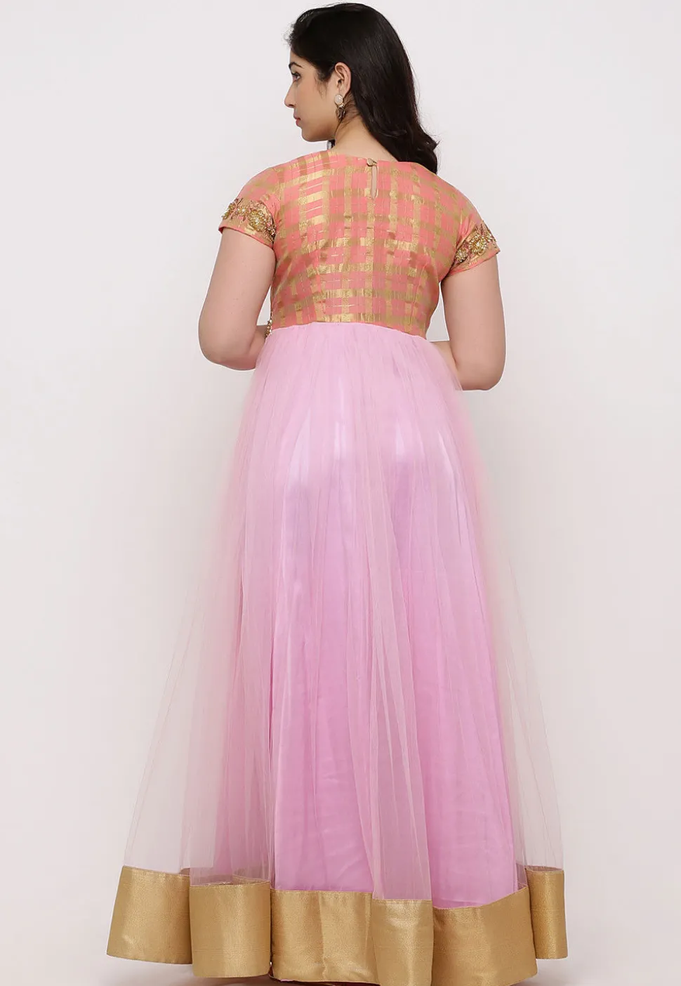 Embroidered Net Abaya Style Suit in Pink and Peach