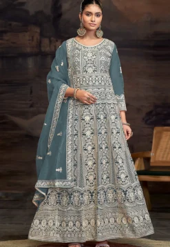 Embroidered Net Abaya Style Suit in Dusty Blue
