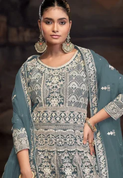Embroidered Net Abaya Style Suit in Dusty Blue