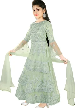 Embroidered Net Abaya Style Suit in Light Green