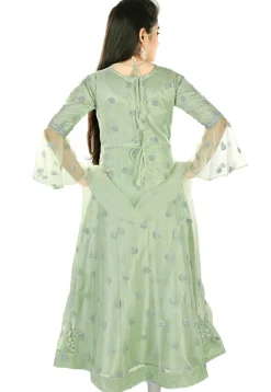 Embroidered Net Abaya Style Suit in Light Green