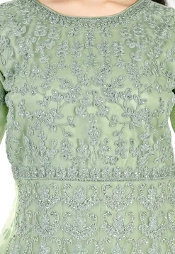 Embroidered Net Abaya Style Suit in Light Green