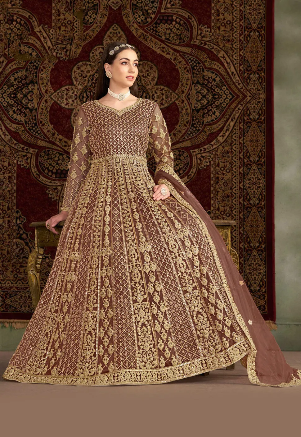 Embroidered Net Abaya Style Suit in Rose Gold