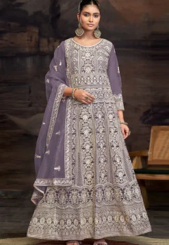 Embroidered Net Abaya Style Suit in Purple
