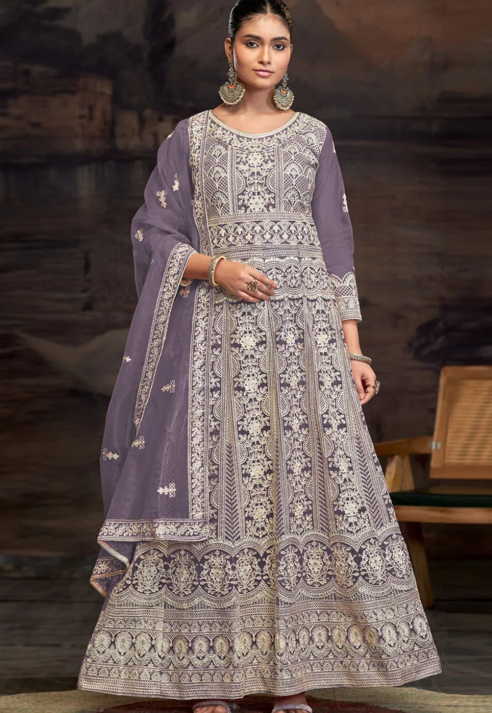 Embroidered Net Abaya Style Suit in Purple