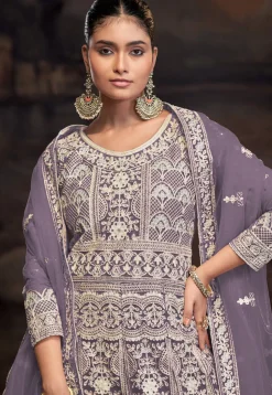 Embroidered Net Abaya Style Suit in Purple