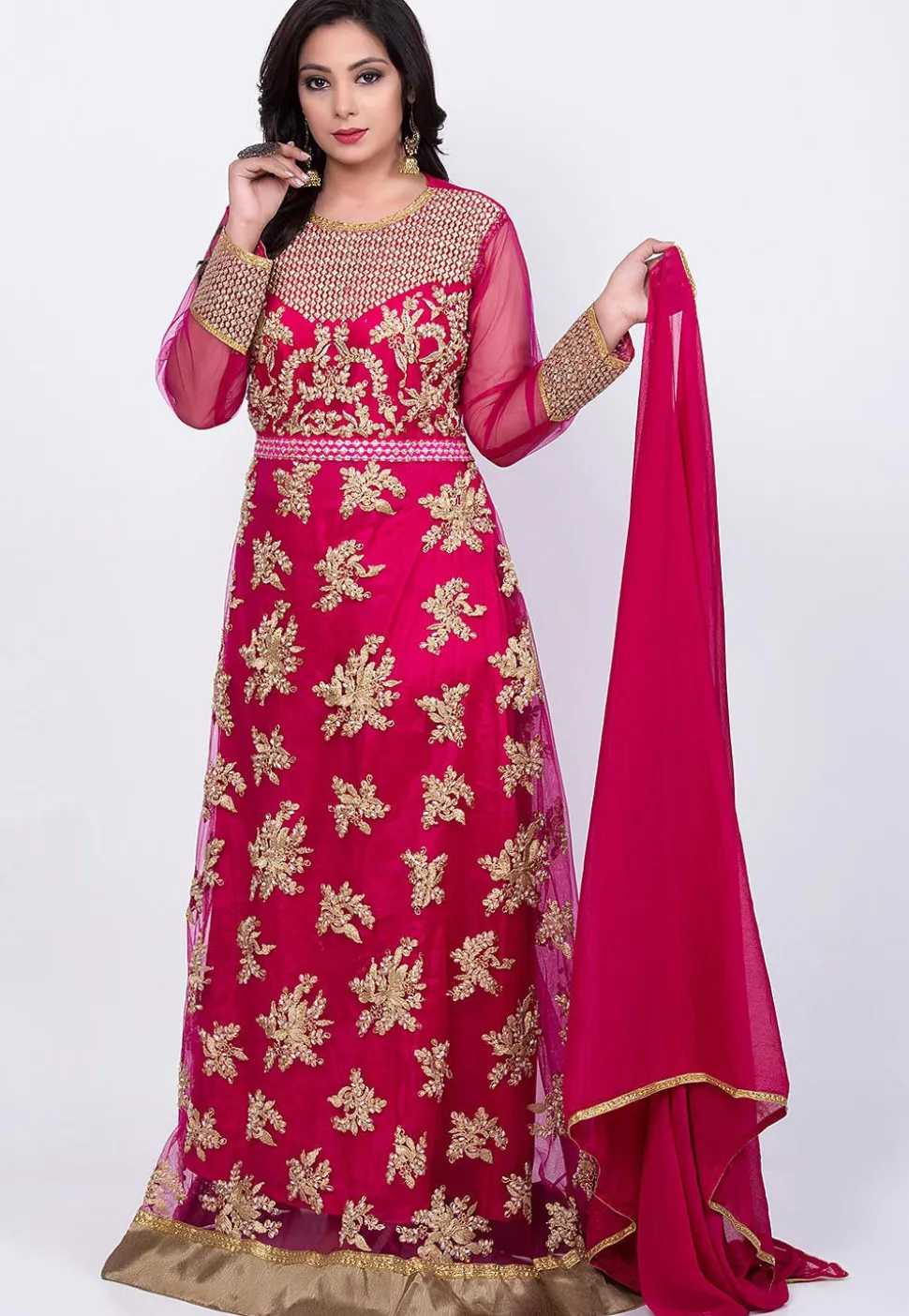Embroidered Net Abaya Style Suit in Fuchsia
