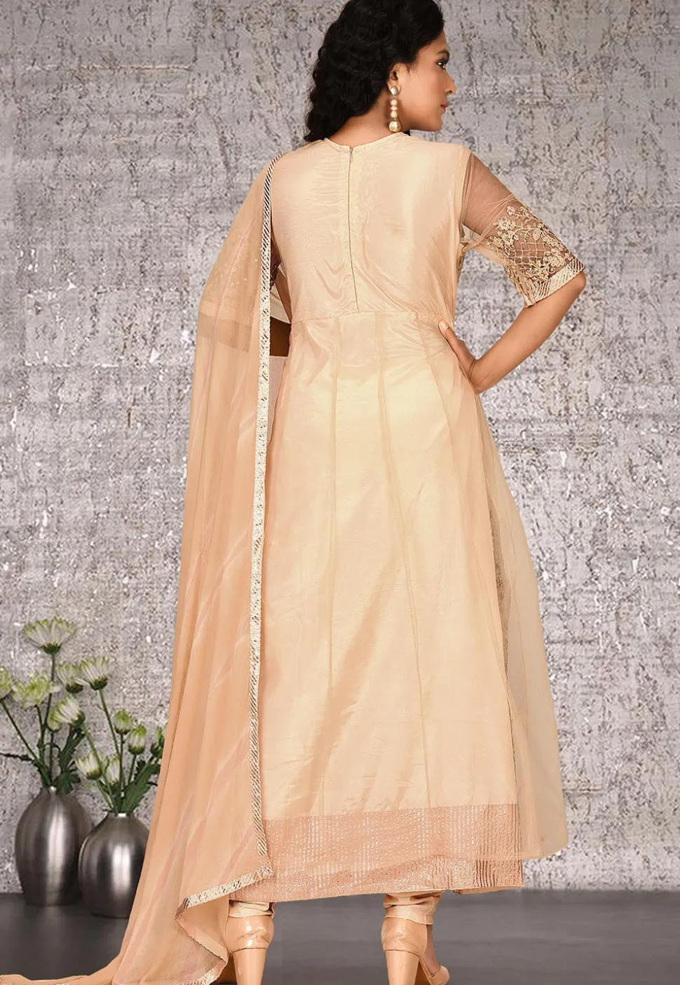 Embroidered Net Abaya Style Suit in Beige