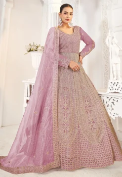 Embroidered Net Abaya Style Suit in Purple