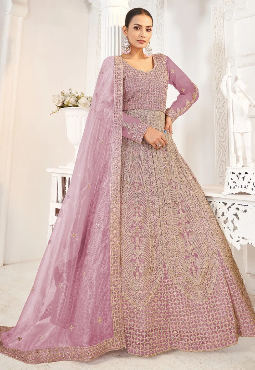 Embroidered Net Abaya Style Suit in Purple
