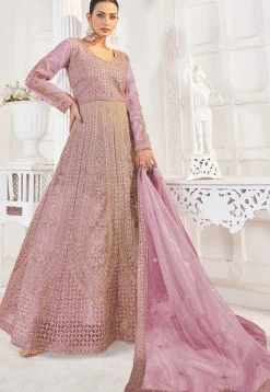 Embroidered Net Abaya Style Suit in Purple