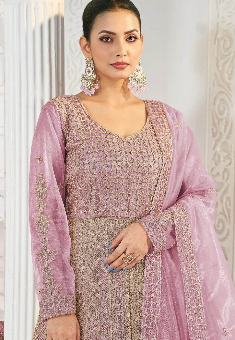 Embroidered Net Abaya Style Suit in Purple