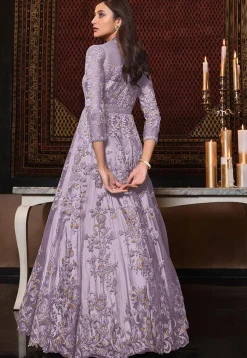 Embroidered Net Abaya Style Suit in Purple