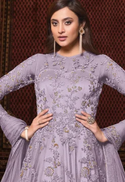 Embroidered Net Abaya Style Suit in Purple