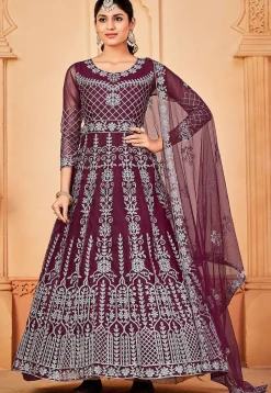 Embroidered Net Abaya Style Suit in Magenta