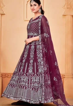 Embroidered Net Abaya Style Suit in Magenta
