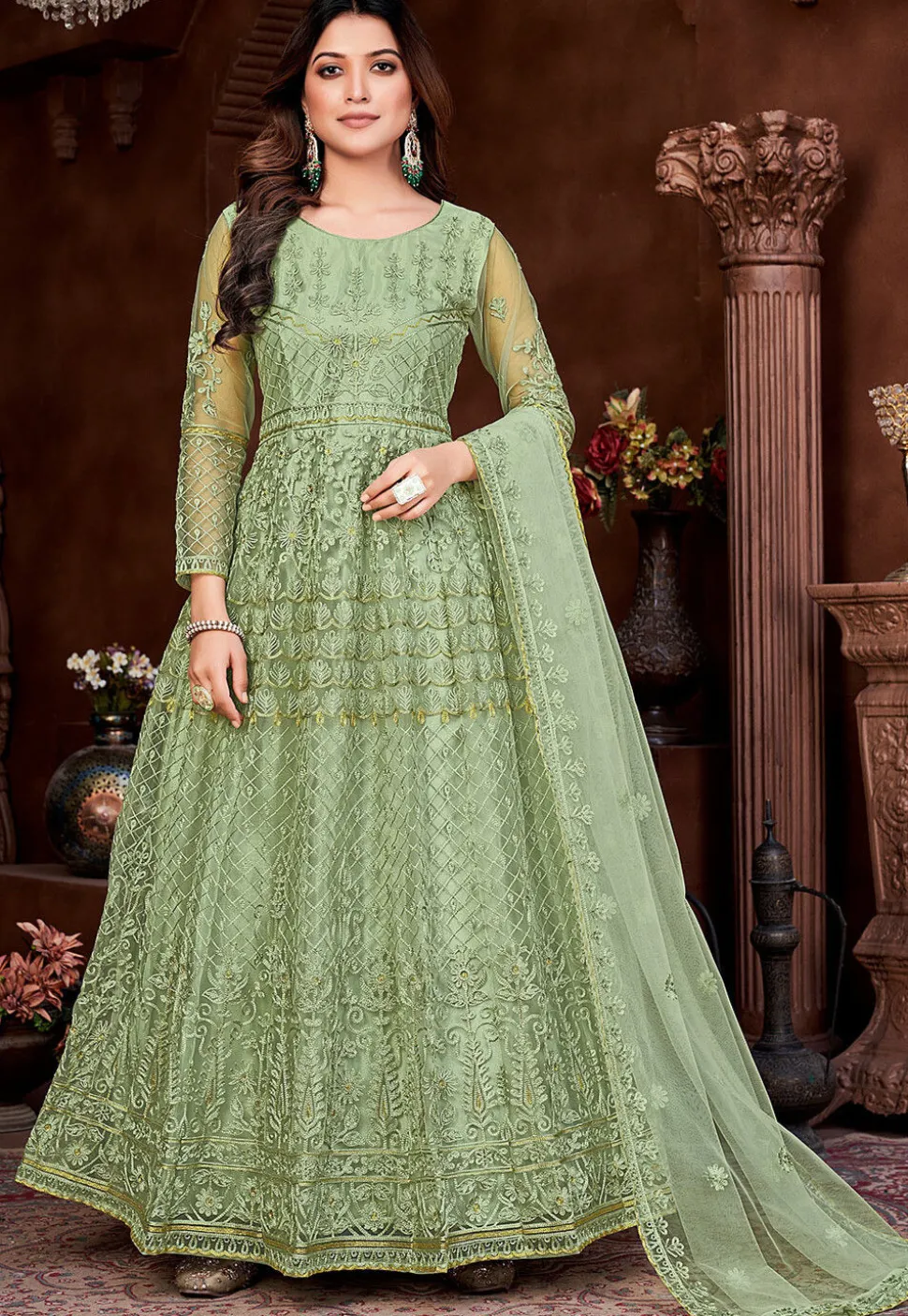 Embroidered Net Abaya Style Suit in Dusty Green