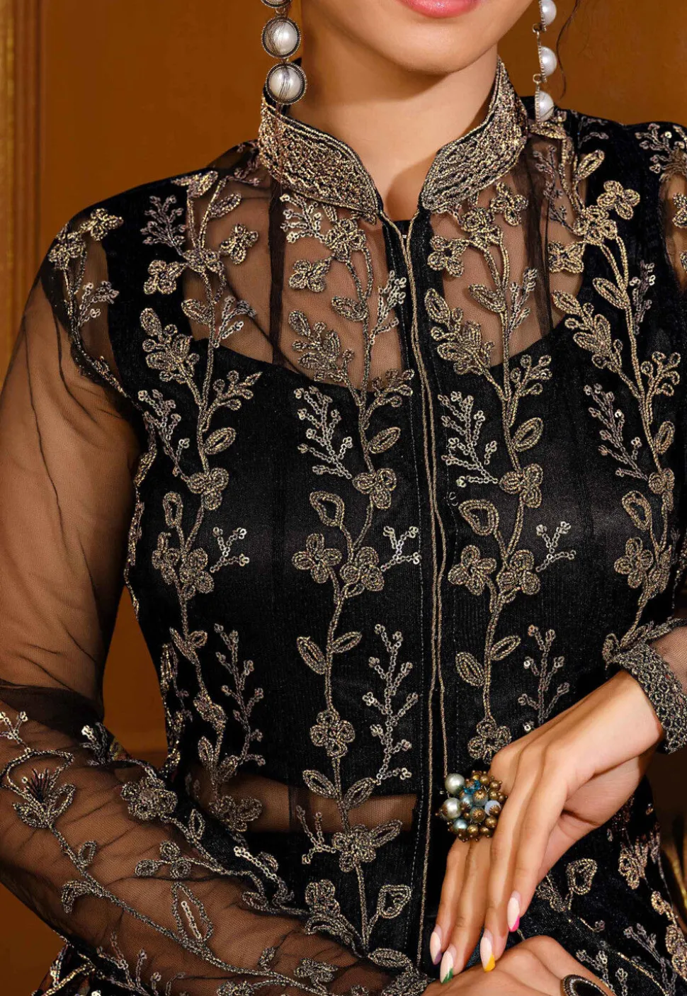 Embroidered Net Abaya Style Suit in Black