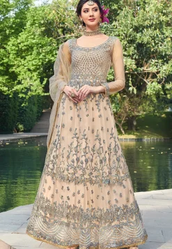 Embroidered Net Abaya Style Suit in Beige