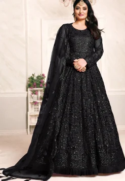 Embroidered Net Abaya Style Suit in Black