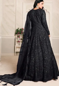 Embroidered Net Abaya Style Suit in Black