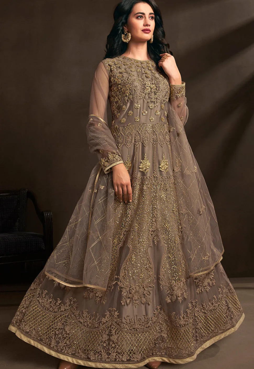 Embroidered Net Abaya Style Suit in Fawn