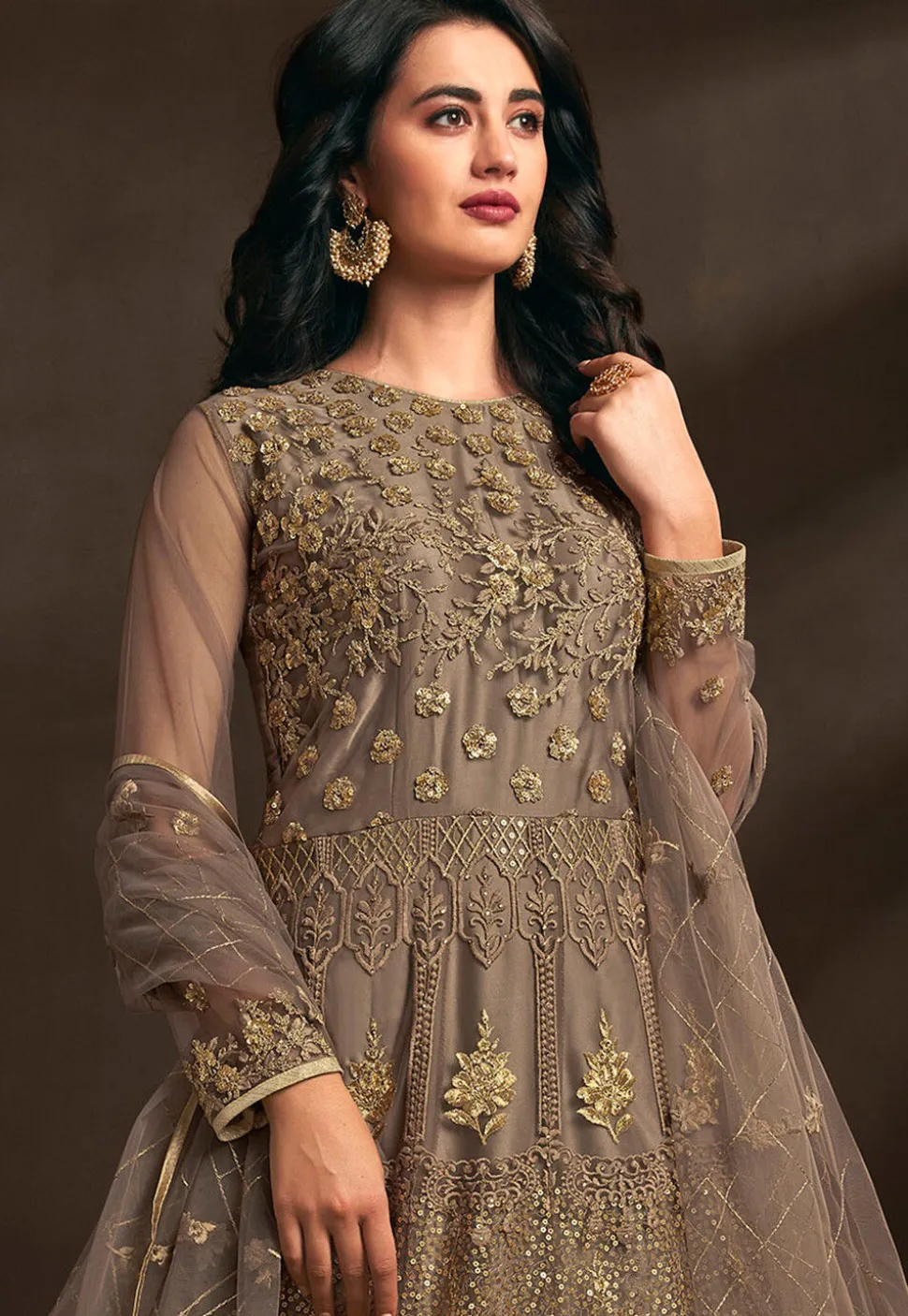 Embroidered Net Abaya Style Suit in Fawn