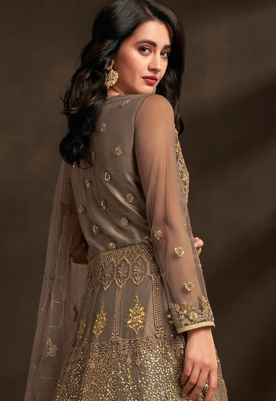 Embroidered Net Abaya Style Suit in Fawn