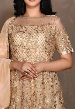 Embroidered Net Abaya Style Suit in Beige