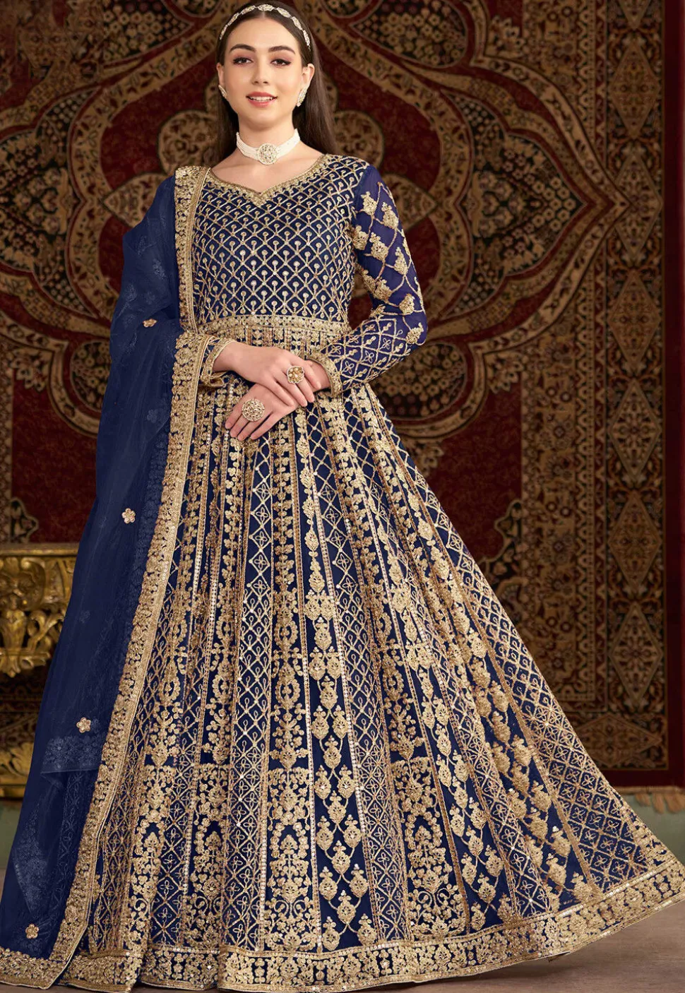 Embroidered Net Abaya Style Suit in Navy Blue
