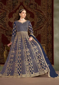 Embroidered Net Abaya Style Suit in Navy Blue