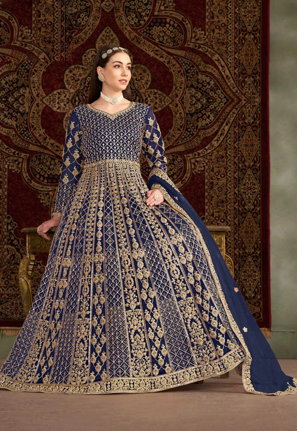 Embroidered Net Abaya Style Suit in Navy Blue
