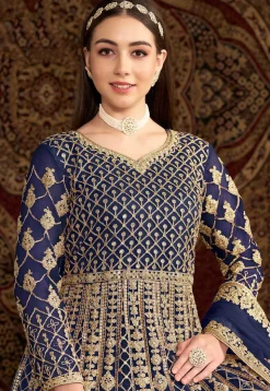 Embroidered Net Abaya Style Suit in Navy Blue
