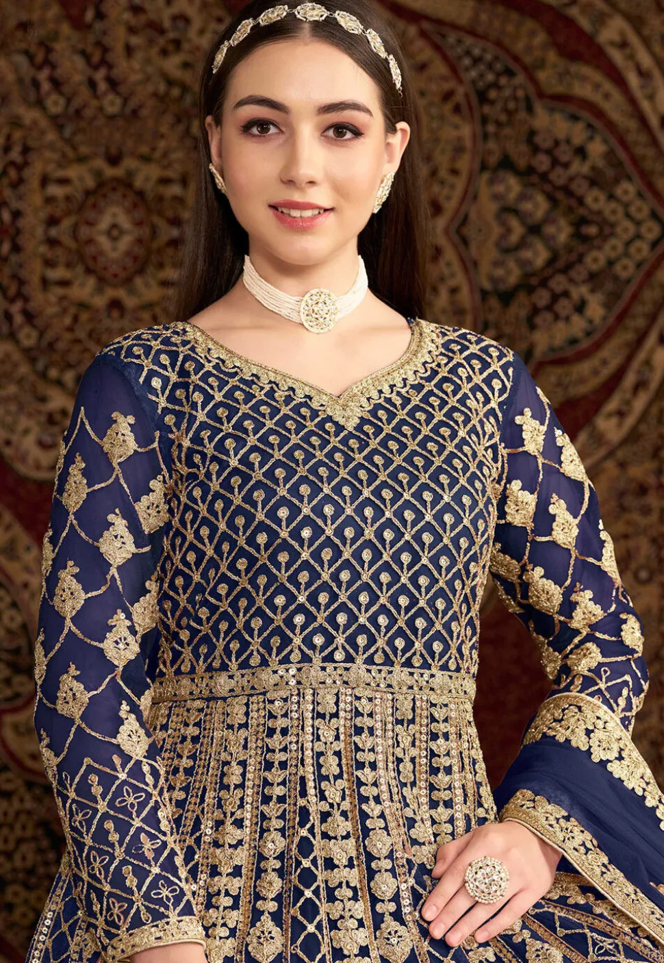 Embroidered Net Abaya Style Suit in Navy Blue