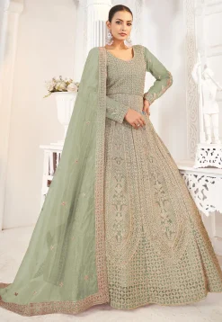Embroidered Net Abaya Style Suit in Light Green