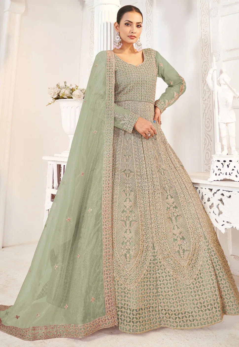 Embroidered Net Abaya Style Suit in Light Green