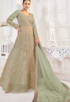 Embroidered Net Abaya Style Suit in Light Green