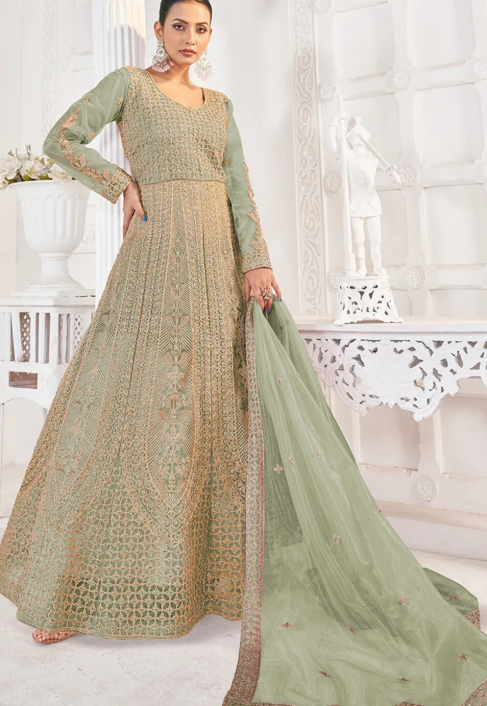 Embroidered Net Abaya Style Suit in Light Green