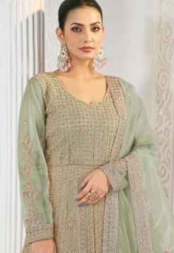 Embroidered Net Abaya Style Suit in Light Green