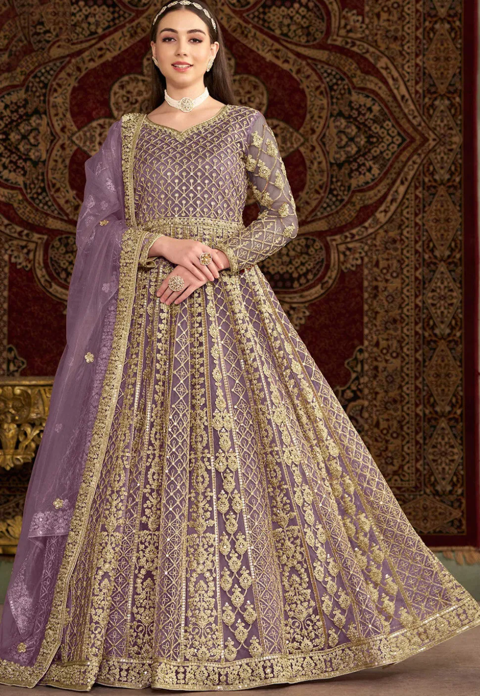 Embroidered Net Abaya Style Suit in Purple