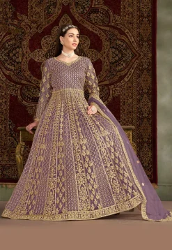 Embroidered Net Abaya Style Suit in Purple