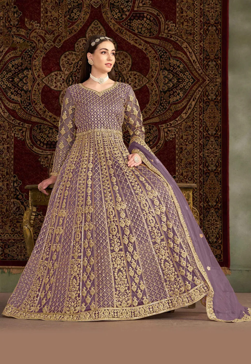 Embroidered Net Abaya Style Suit in Purple