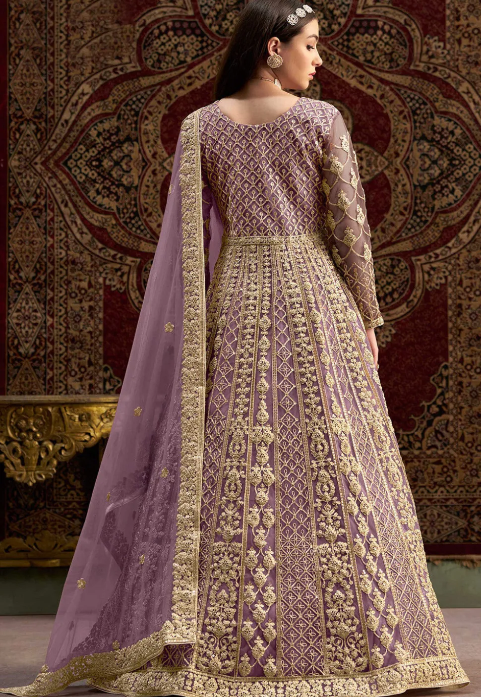 Embroidered Net Abaya Style Suit in Purple