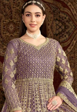 Embroidered Net Abaya Style Suit in Purple