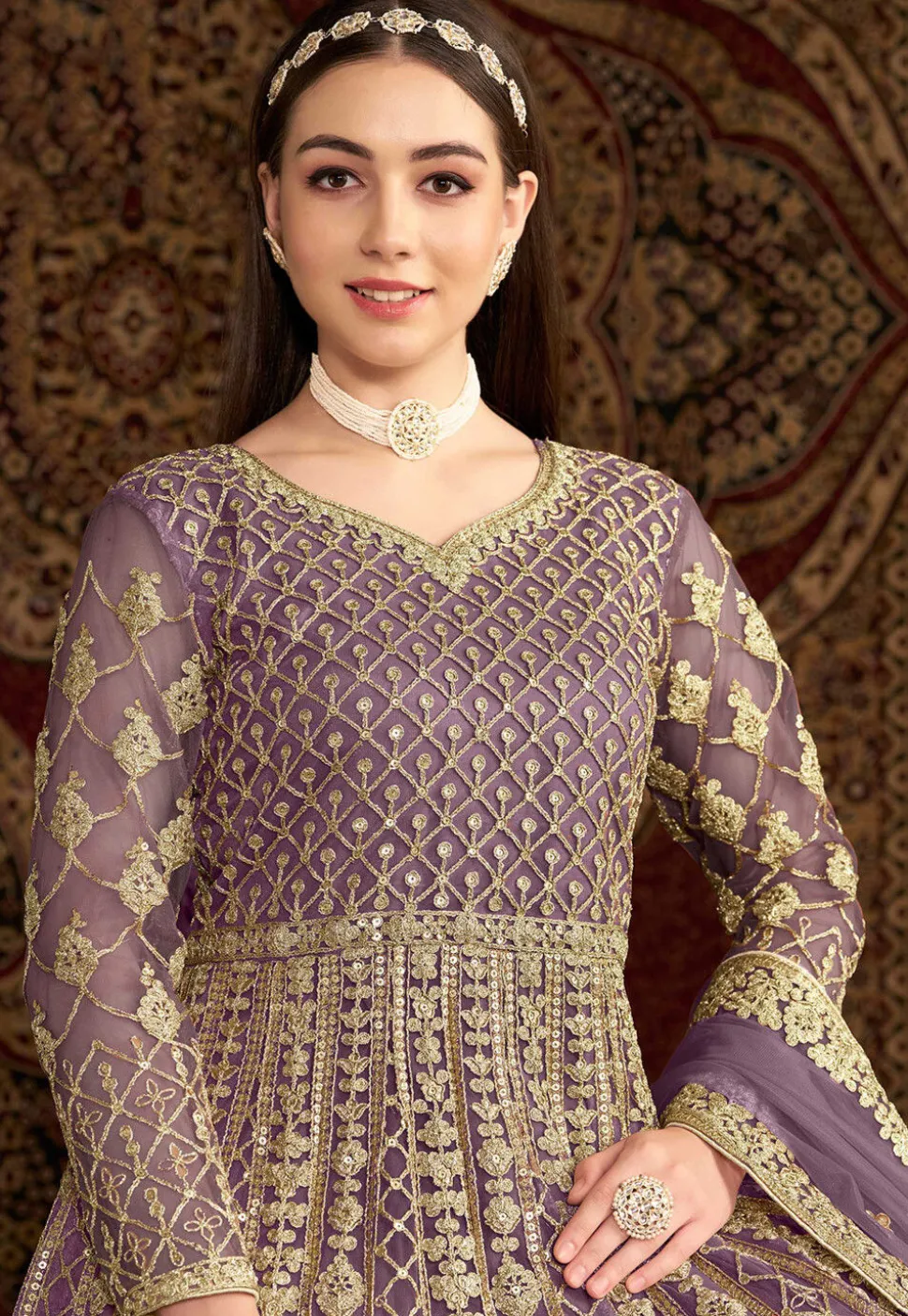 Embroidered Net Abaya Style Suit in Purple