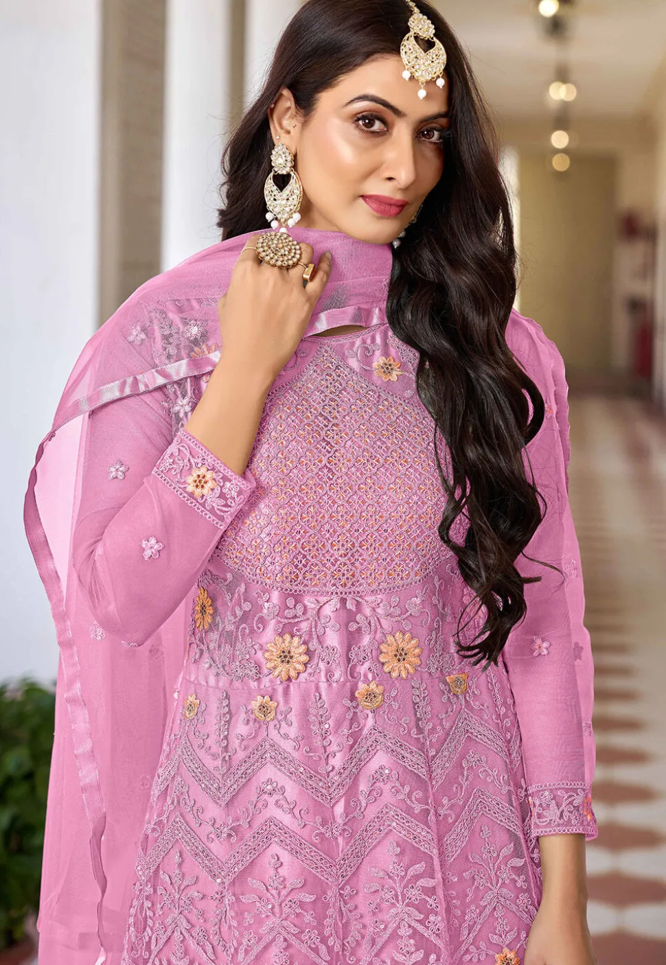Embroidered Net Abaya Style Suit in Pink
