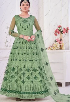 Embroidered Net Abaya Style Suit in Dusty Green